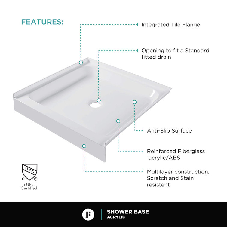 36" White Acrylic Single Shower Base with Non-Slip Surface