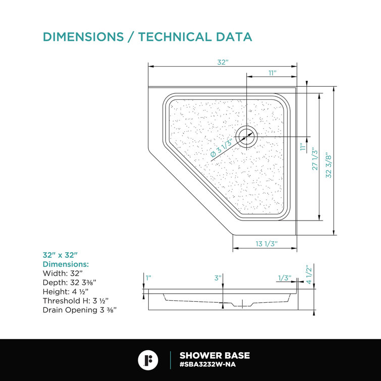 32" White Neo-Angle Acrylic Shower Base with Non-Slip Surface