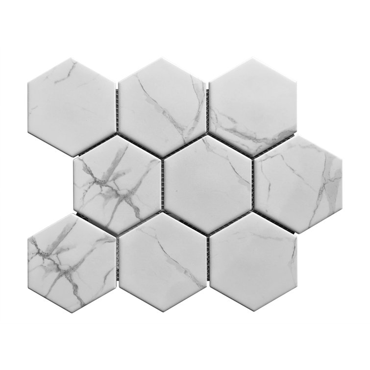 White Carrara Porcelain Hexagon Mosaic Wall & Floor Tile