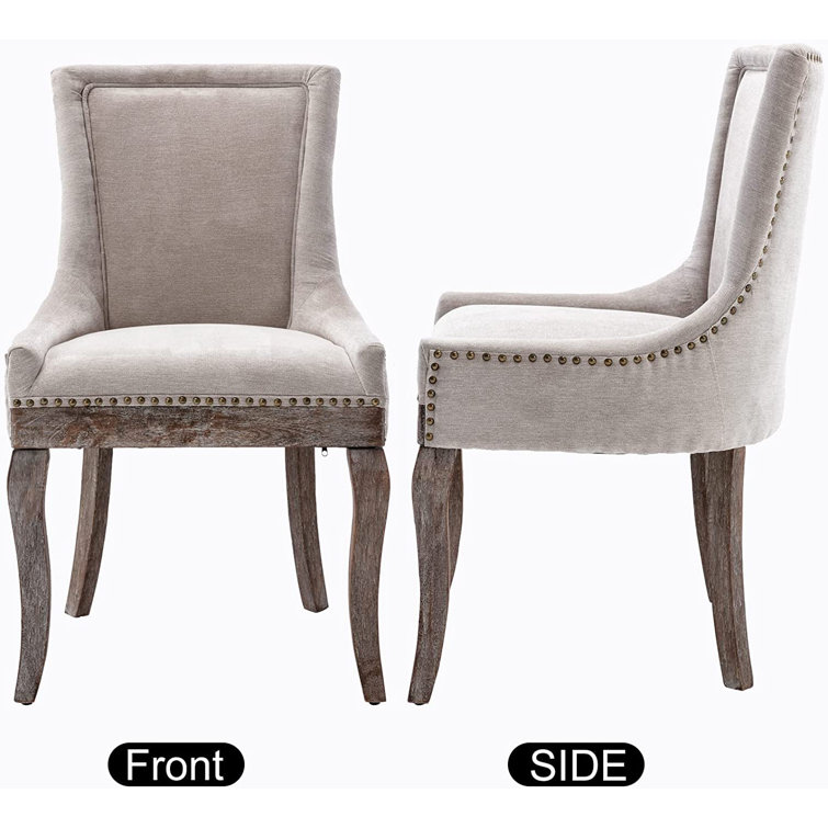 Beige Linen Upholstered Side Chair with Wooden Legs, Set of 2
