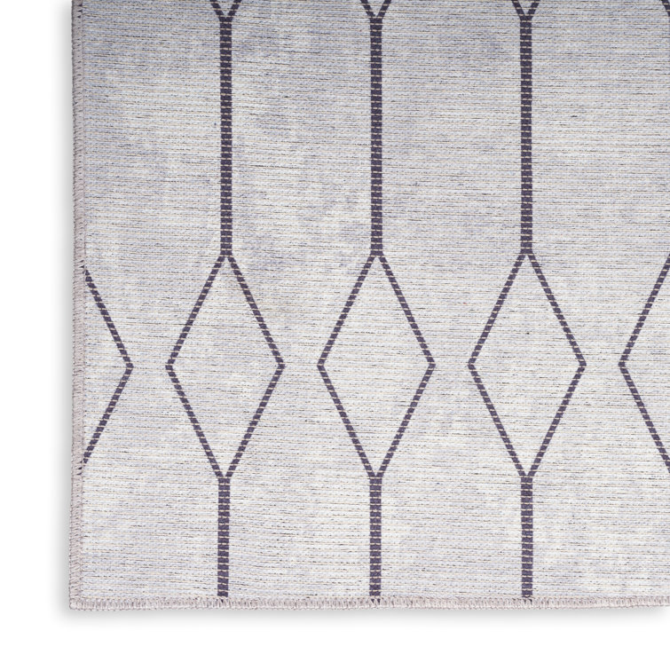 Ivory and Grey Geometric Cotton Synthetic Runner Rug