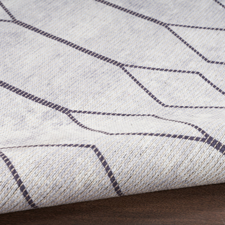 Ivory and Grey Geometric Cotton Synthetic Runner Rug