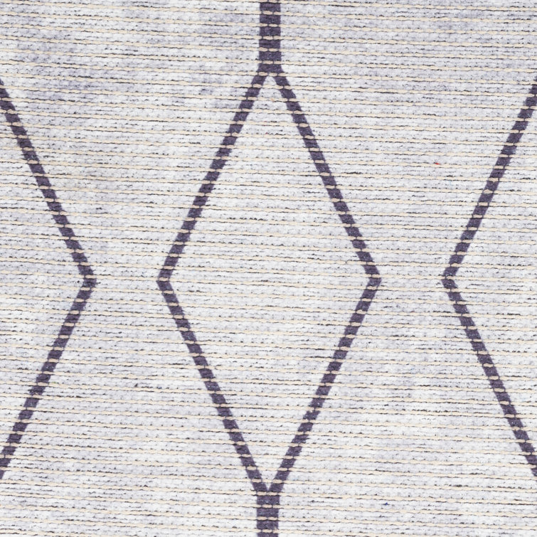 Ivory and Grey Geometric Cotton Synthetic Runner Rug