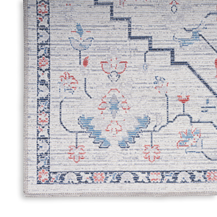 Ivory Blue Floral Cotton Synthetic Runner Rug 2'2" x 10'