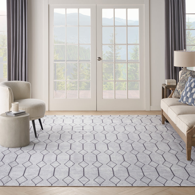 Ivory and Grey Geometric Washable Rectangular Rug