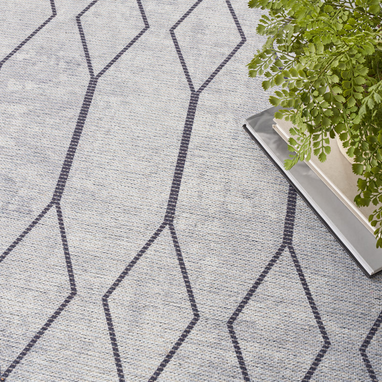 Ivory and Grey Geometric Washable Rectangular Rug