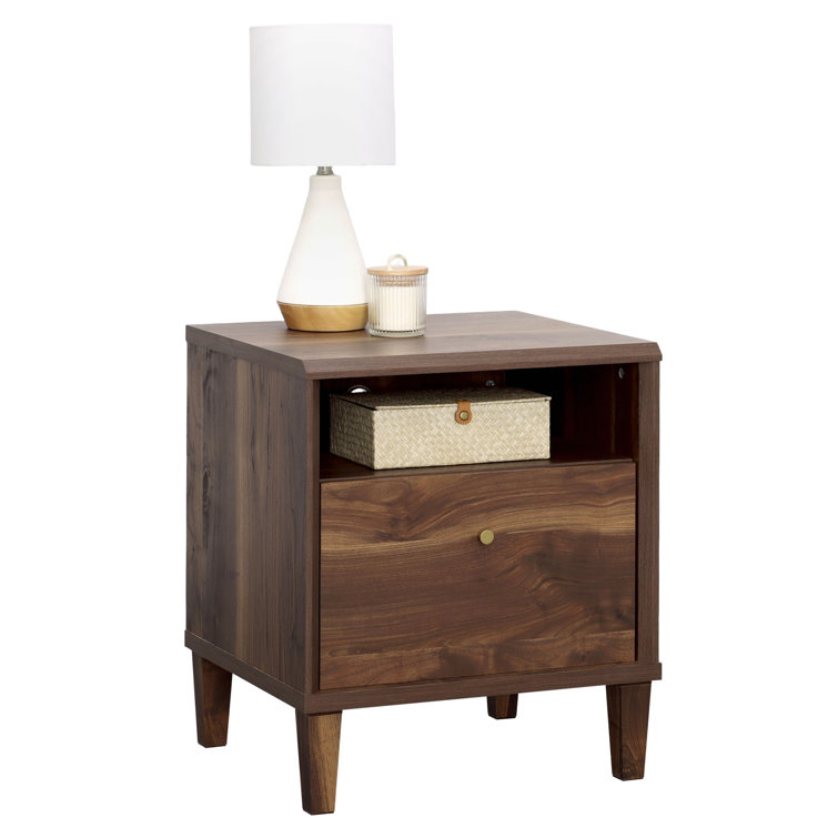 Grand Walnut Contemporary 1-Drawer Nightstand with Open Shelf