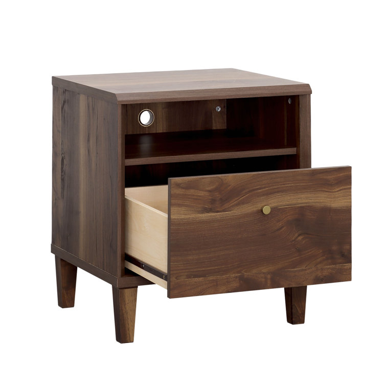 Grand Walnut Contemporary 1-Drawer Nightstand with Open Shelf