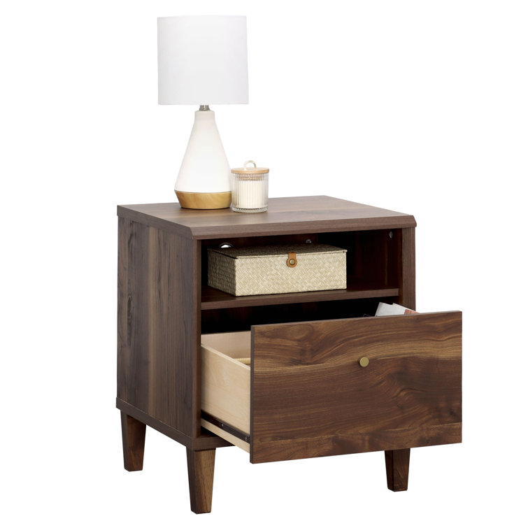 Grand Walnut Contemporary 1-Drawer Nightstand with Open Shelf