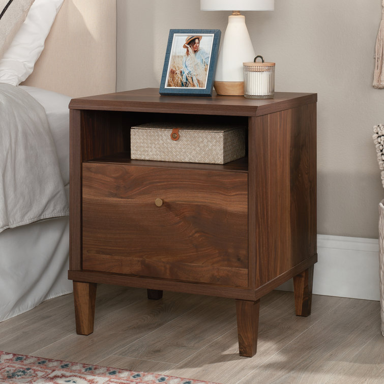 Grand Walnut Contemporary 1-Drawer Nightstand with Open Shelf