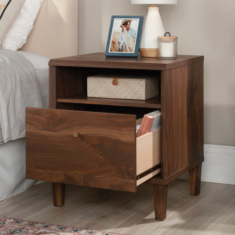 Grand Walnut Contemporary 1-Drawer Nightstand with Open Shelf