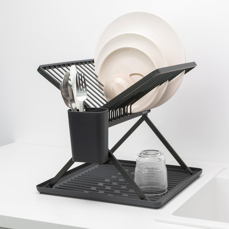 Compact Foldable Dark Gray Metal Dish Drying Rack with Utensil Cup