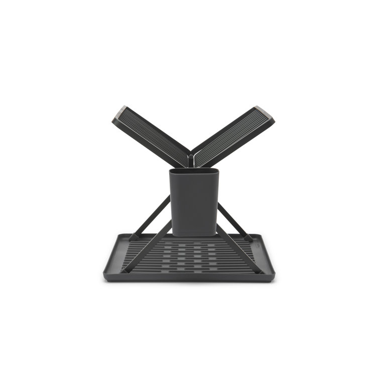 Compact Foldable Dark Gray Metal Dish Drying Rack with Utensil Cup