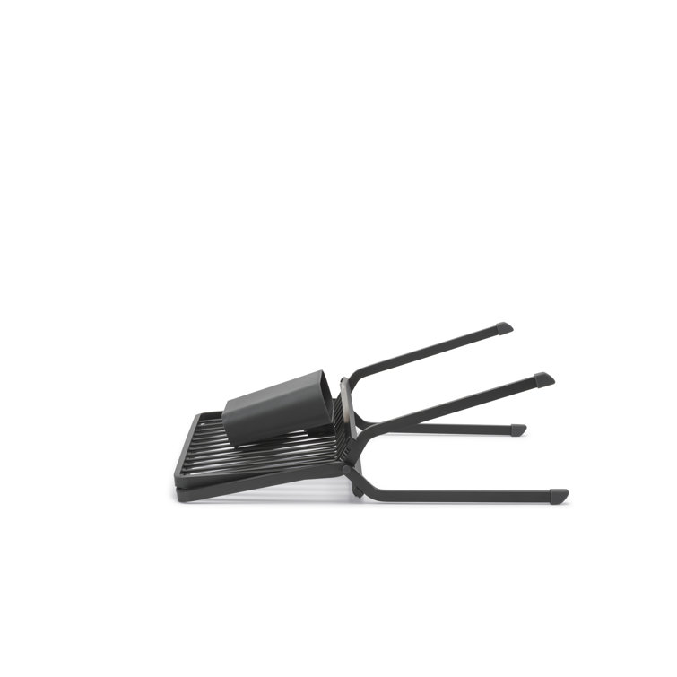 Compact Foldable Dark Gray Metal Dish Drying Rack with Utensil Cup