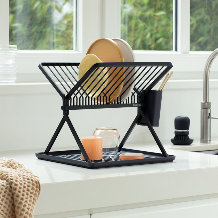 Compact Foldable Dark Gray Metal Dish Drying Rack with Utensil Cup