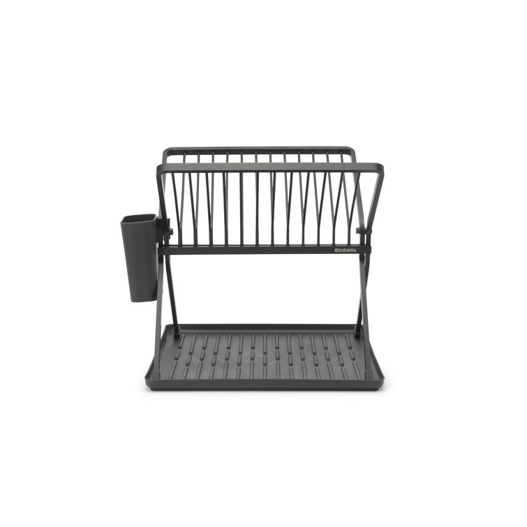 Compact Foldable Dark Gray Metal Dish Drying Rack with Utensil Cup