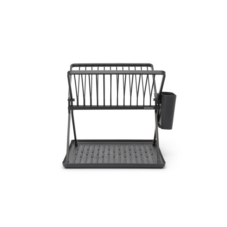 Compact Foldable Dark Gray Metal Dish Drying Rack with Utensil Cup