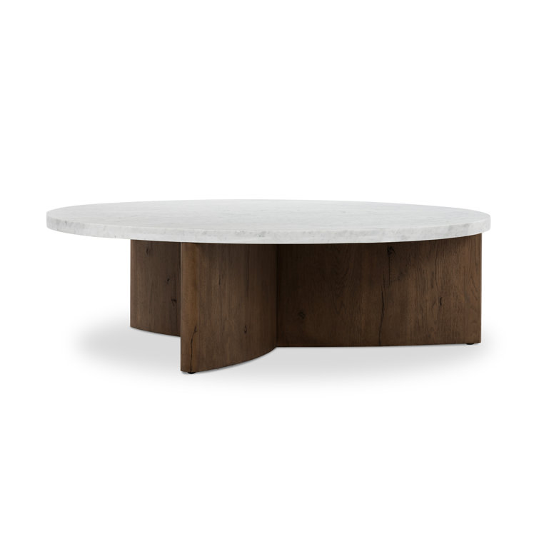 Round White Marble and Oak Coffee Table with Storage