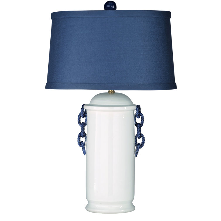 Navy Blue and White Ceramic Table Lamp with Drum Shade