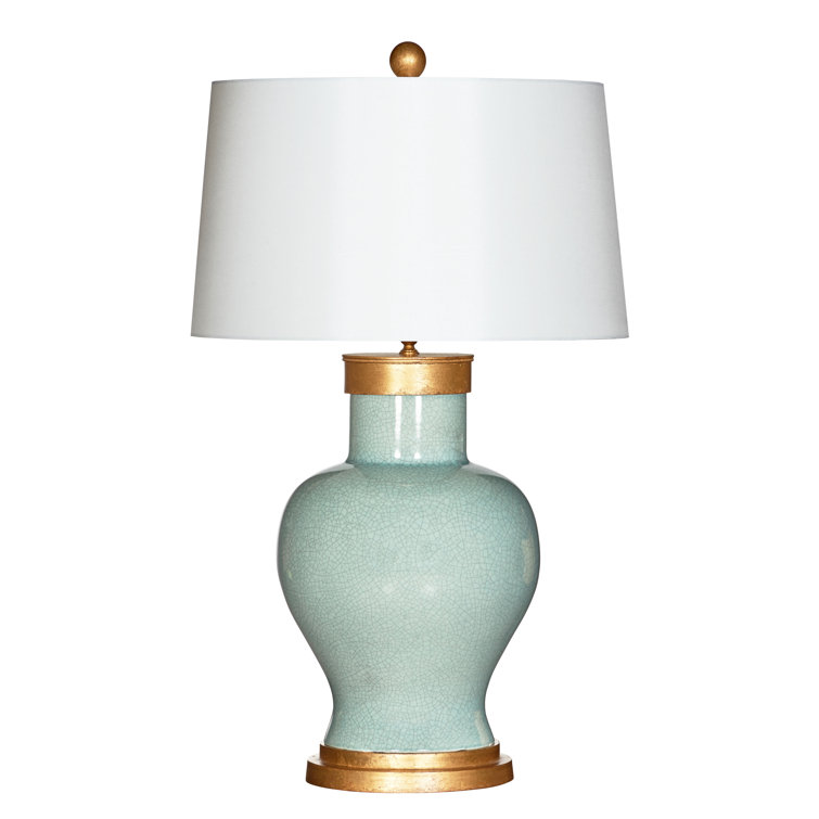 Celedon White Linen Ceramic Table Lamp with Drum Shade