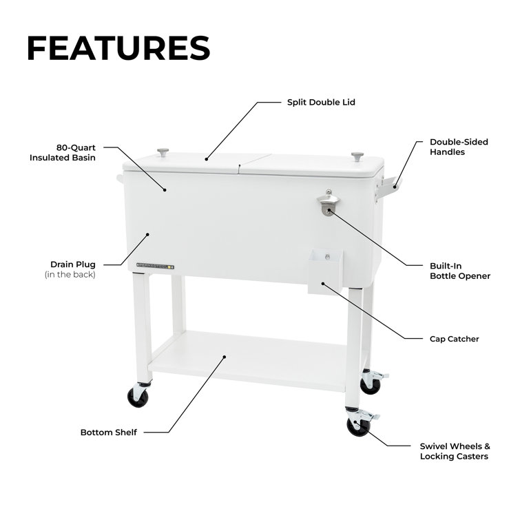White Powder-Coated Steel 80-Quart Rolling Outdoor Patio Cooler with Wheels