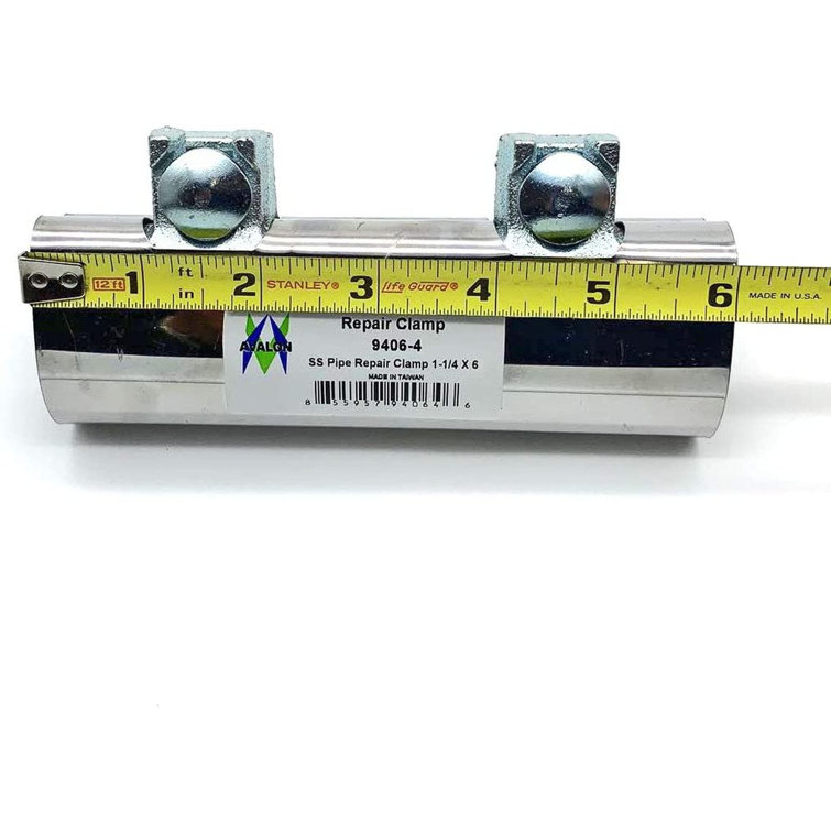 Stainless Steel Silver Pipe Repair Clamp with Two Bolts, 1-1/4 x 6 inches