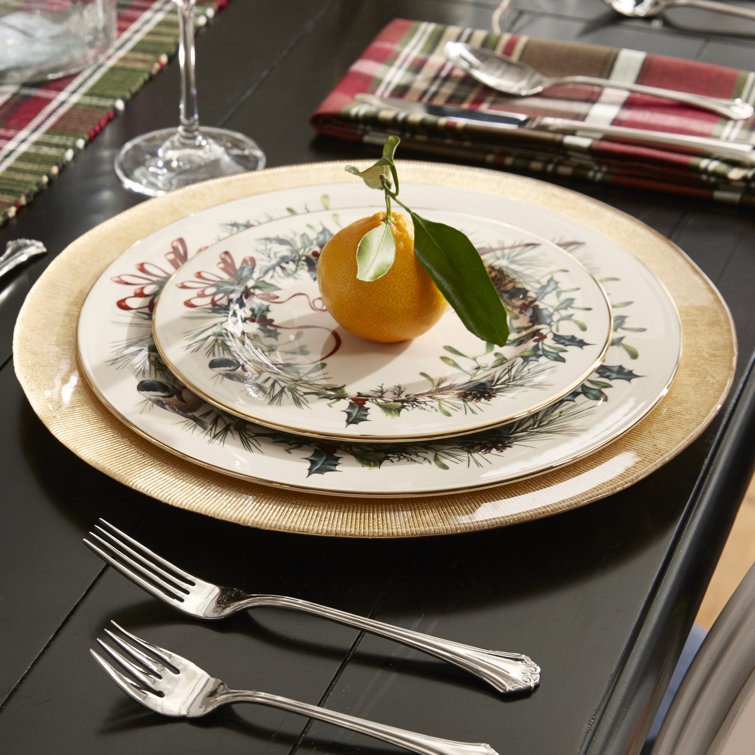 Winter Greetings Ivory Porcelain 12-Piece Dinnerware Set with Gold Trim