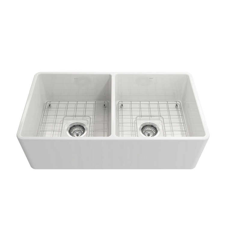 33'' White Fireclay Double Bowl Farmhouse Sink