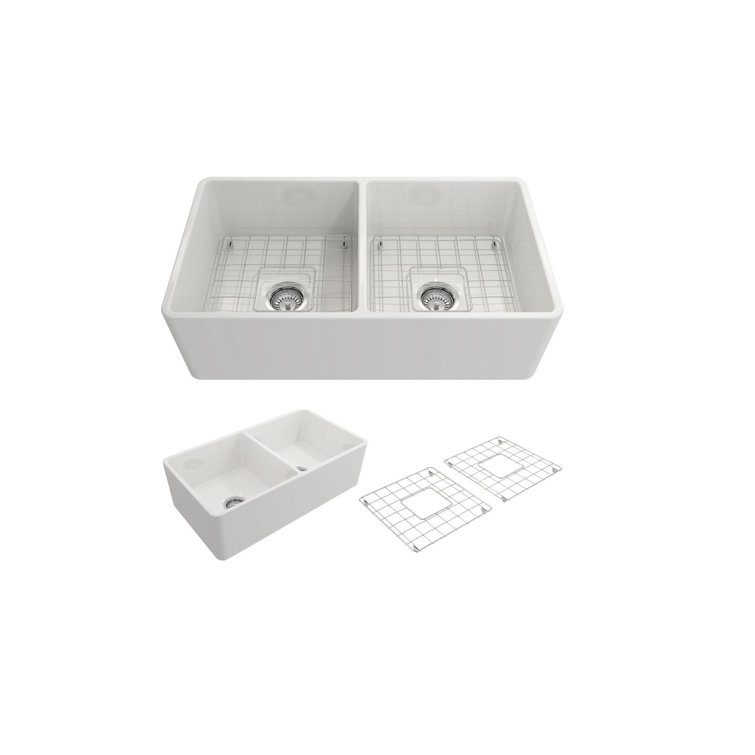 33'' White Fireclay Double Bowl Farmhouse Sink