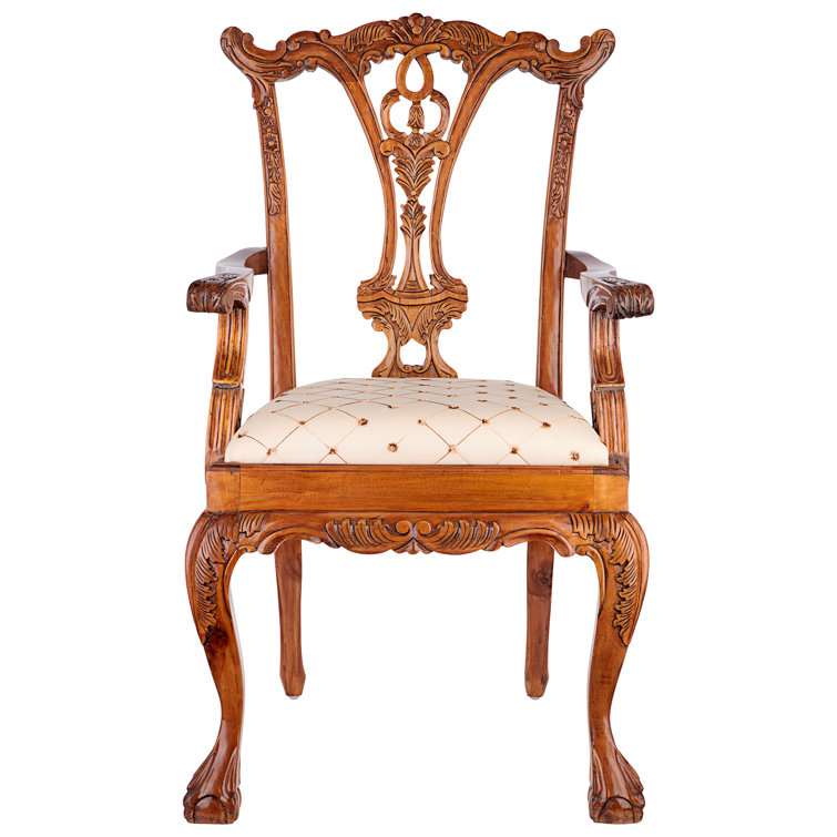 Handcrafted Mahogany English Chippendale Armchair in Blue and Gold