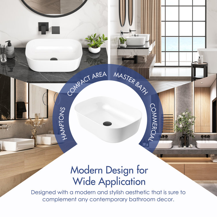 Crisp White Ceramic Rectangular Vessel Bathroom Sink