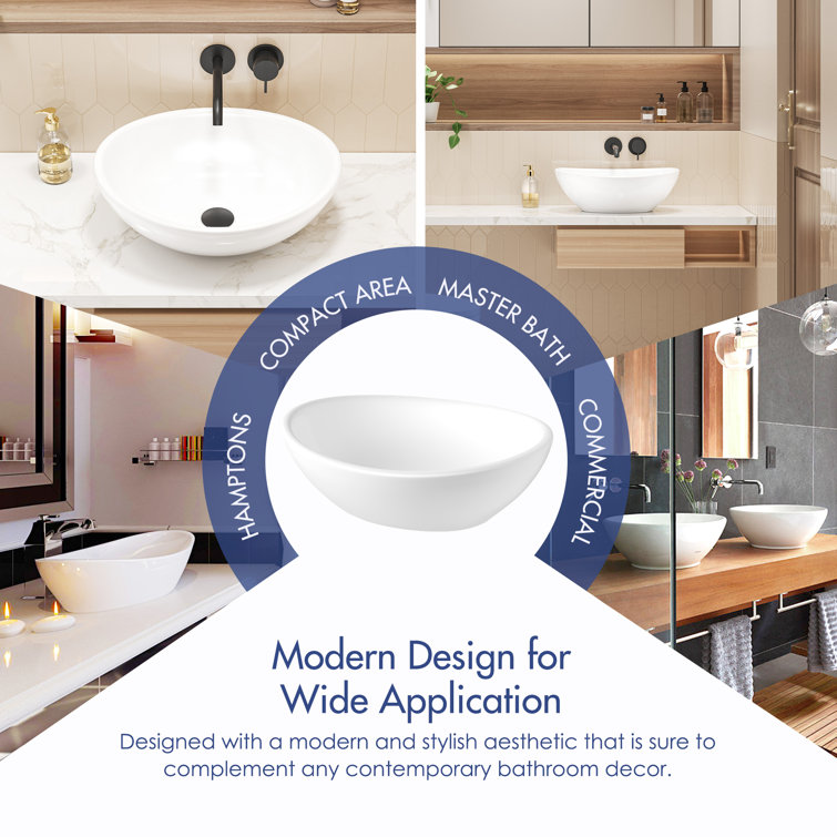 White Polished Ceramic Oval Above-Counter Vessel Sink