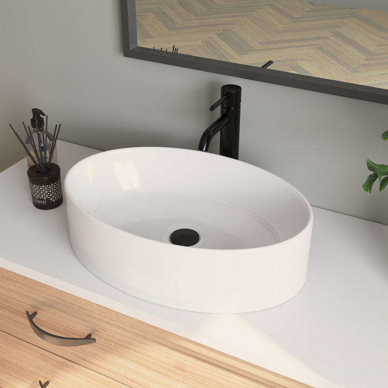 White Ceramic Oval Vessel Bathroom Sink, 19.7"