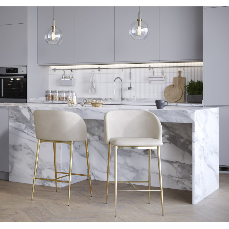 Elegant Gold Steel and Cream Velvet Counter Stools, Set of 2