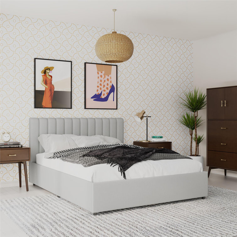 Light Gray Queen Upholstered Platform Bed with Storage Drawers