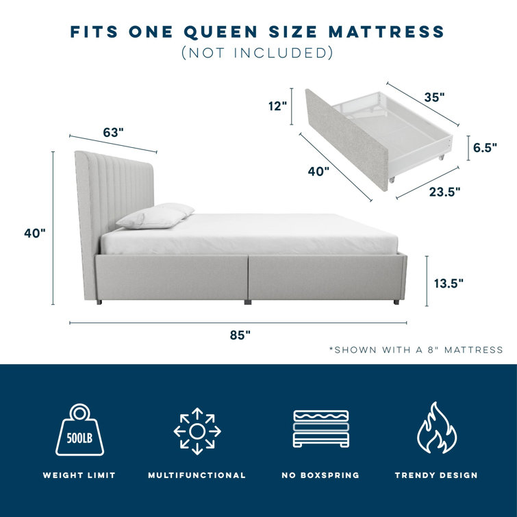 Light Gray Queen Upholstered Platform Bed with Storage Drawers