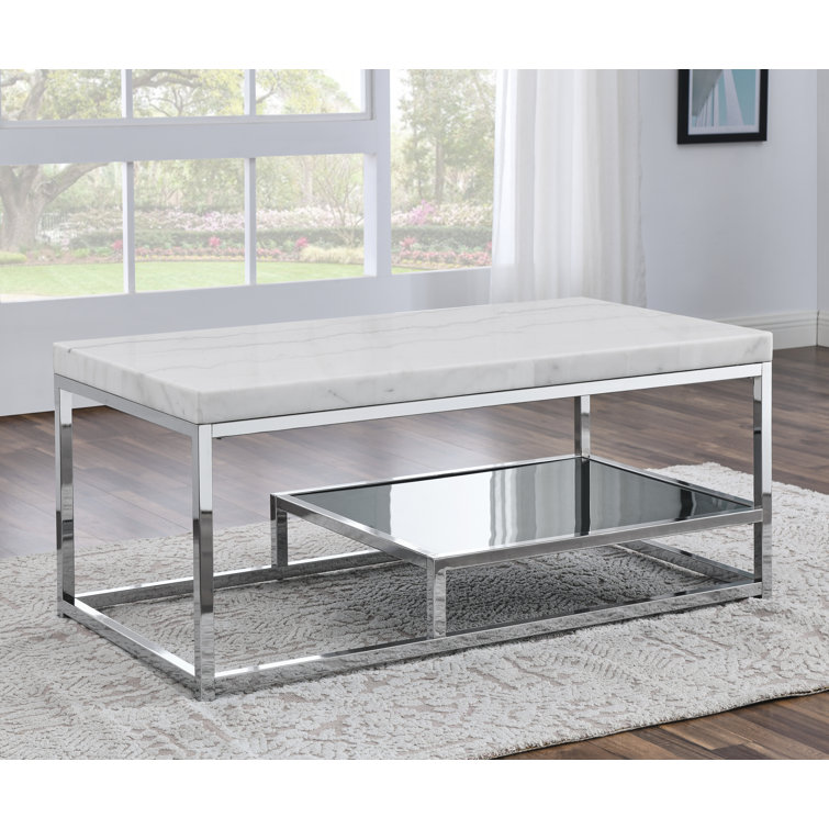 Rectangular Silver Marble and Glass Coffee Table with Storage