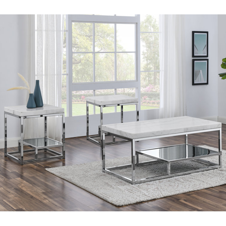White Marble and Chrome 3-Piece Living Room Table Set