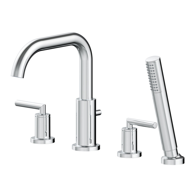 Chrome Double Handle Deck Mounted Roman Tub Faucet with Hand Shower