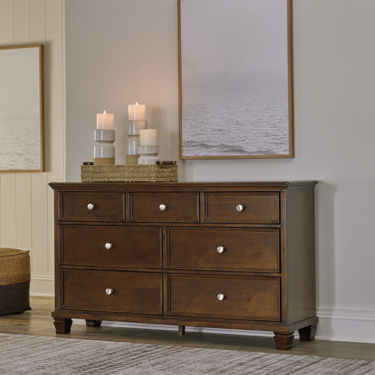 Transitional Farmhouse 62" Brown Dresser with Mirrored Dovetail Drawers