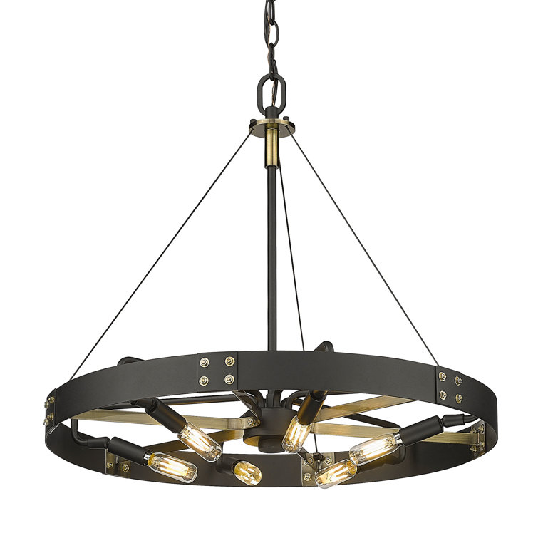 Aged Brass and Black 6-Light Wagon Wheel Pendant