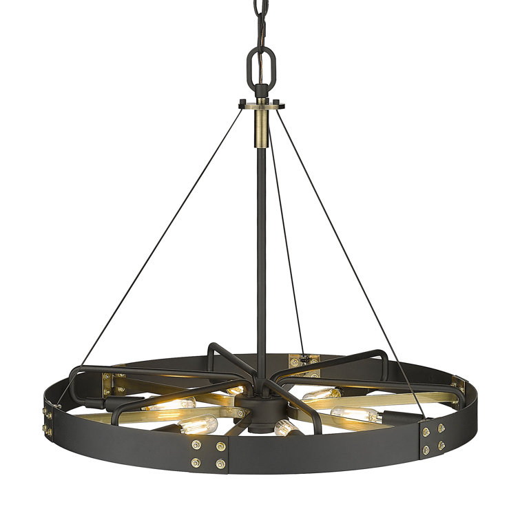 Aged Brass and Black 6-Light Wagon Wheel Pendant