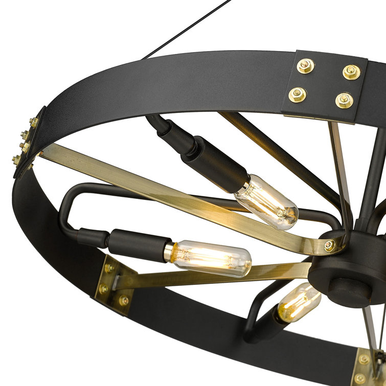 Aged Brass and Black 6-Light Wagon Wheel Pendant