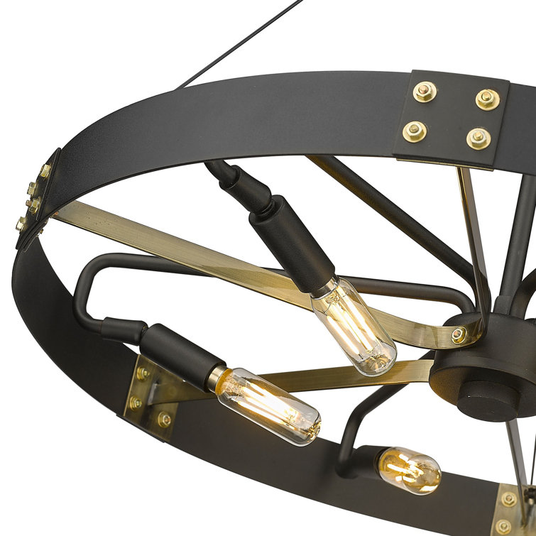 Aged Brass and Black 6-Light Wagon Wheel Pendant
