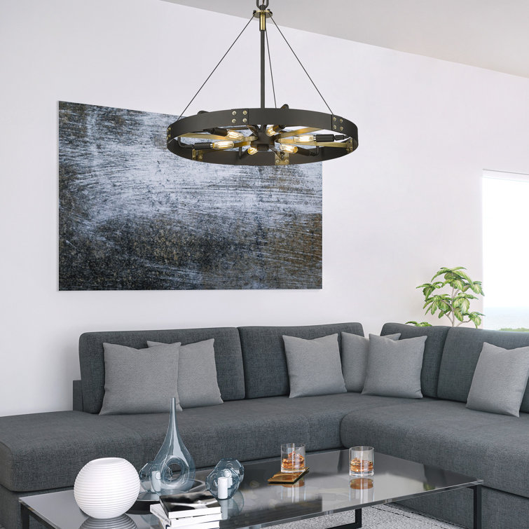 Aged Brass and Black 6-Light Wagon Wheel Pendant