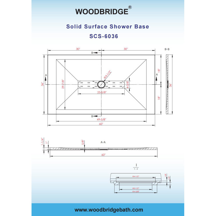 White Solid Surface Low-Profile Curbless Shower Base 60 x 36