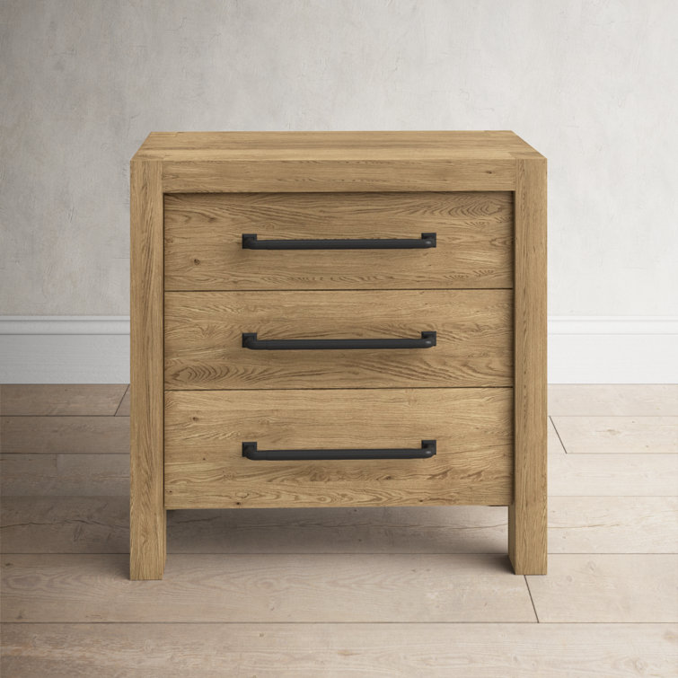 Pale Oak 3-Drawer Nightstand with Black Metal Handles