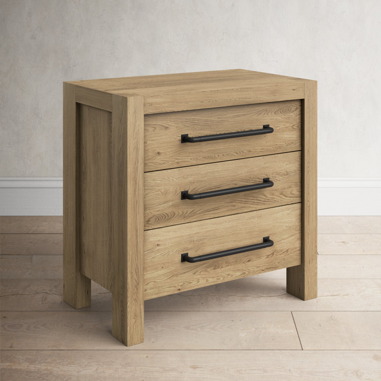 Pale Oak 3-Drawer Nightstand with Black Metal Handles