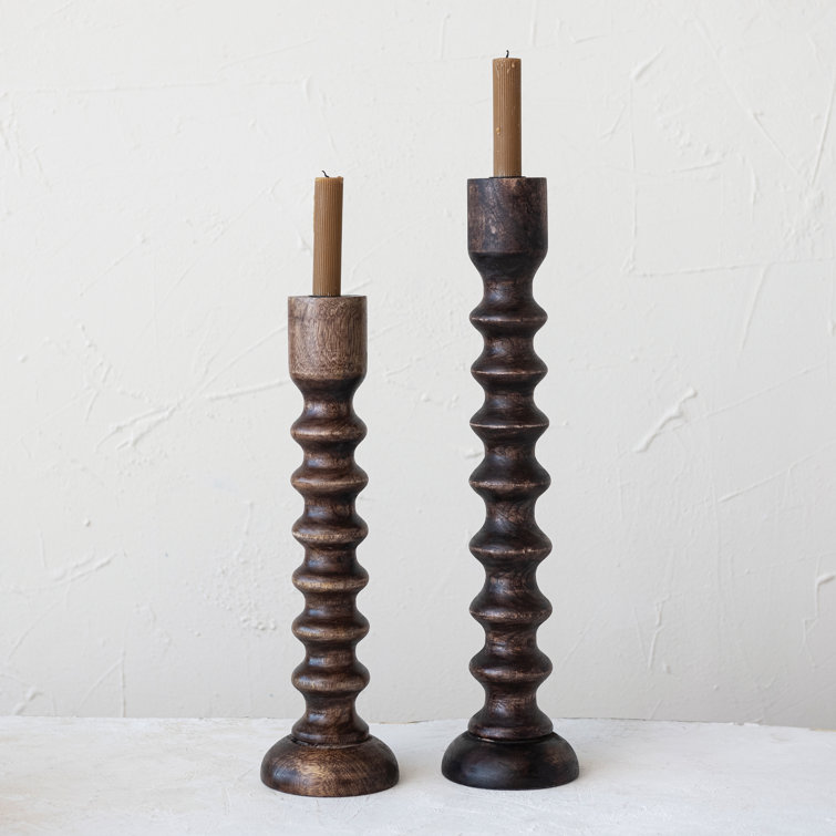 Hand-Carved Walnut Wood Tabletop Taper Candle Holder