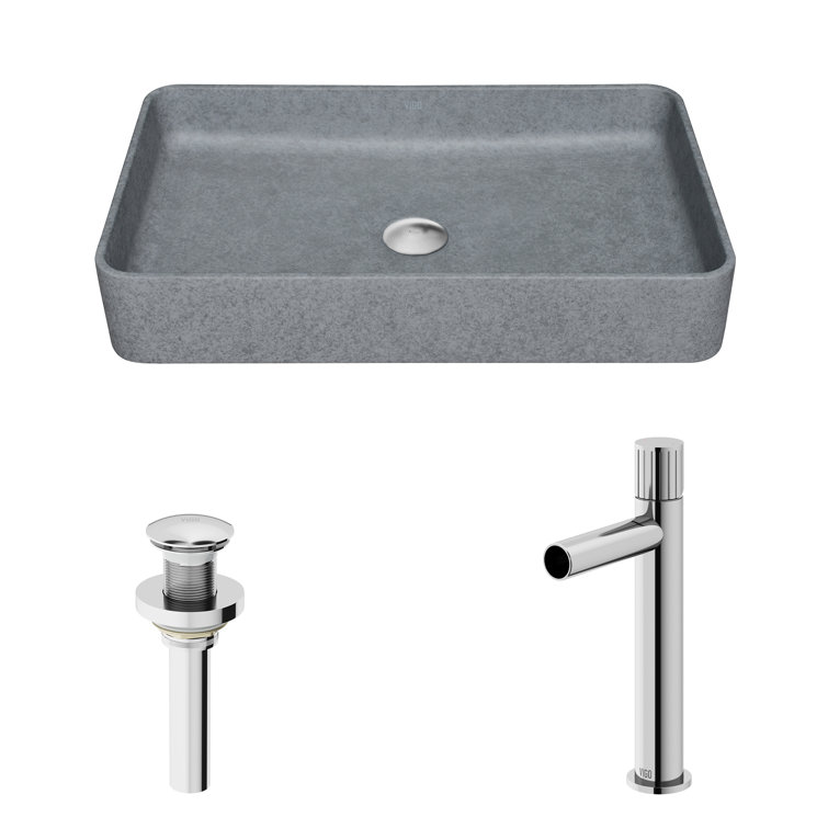 Ashford Gray Concrete Rectangular Vessel Sink with Chrome Faucet